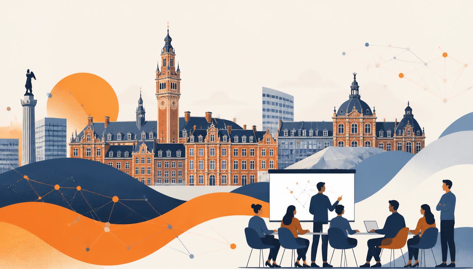 Illustration du beffroi de Lille et d'une session de formation en IA générative pour entreprises des Hauts-de-France