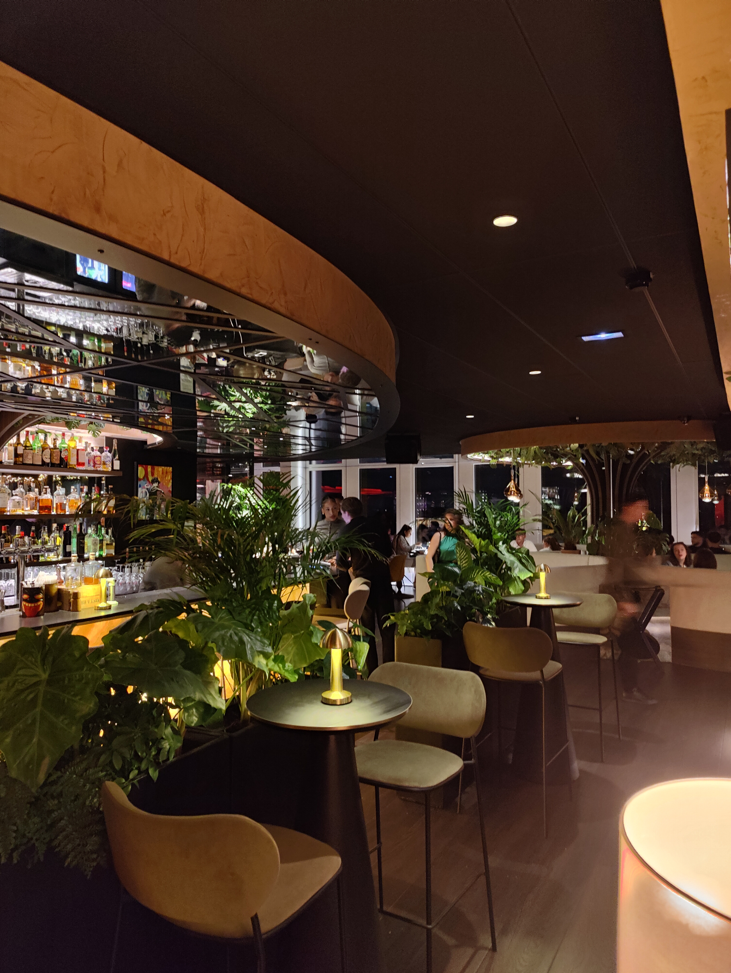 Intérieur chaleureux du Mesa rooftop Lille avec décoration végétale, mobilier design et bar central pour afterwork convivial entre entrepreneurs